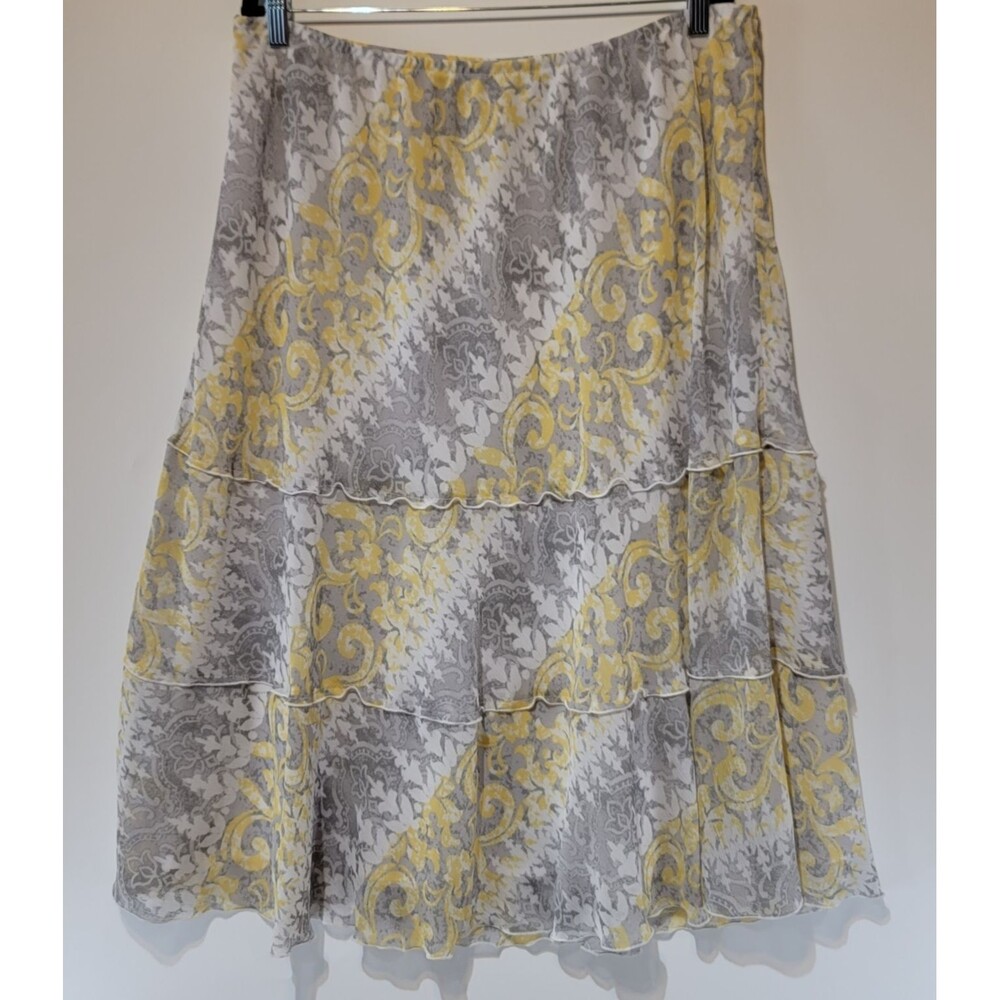Alfred Dunner Yellow & Gray Abstract Paisley Pattern Tiered Midi‎ Skirt Size 16